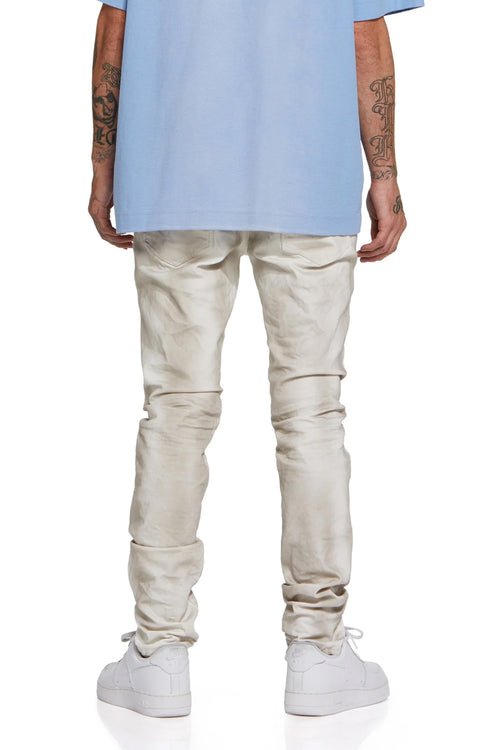 P001 LOW RISE SKINNY JEAN - Dirty White Destroy Jersey Knit Repair