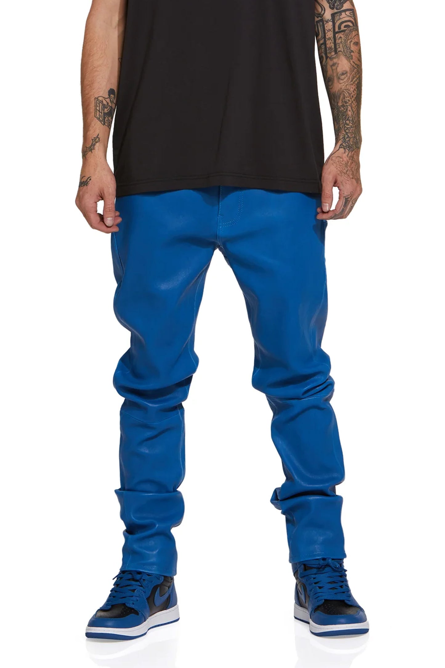 P001 LOW RISE SKINNY PANT - Stretch Leather Galaxy Blue