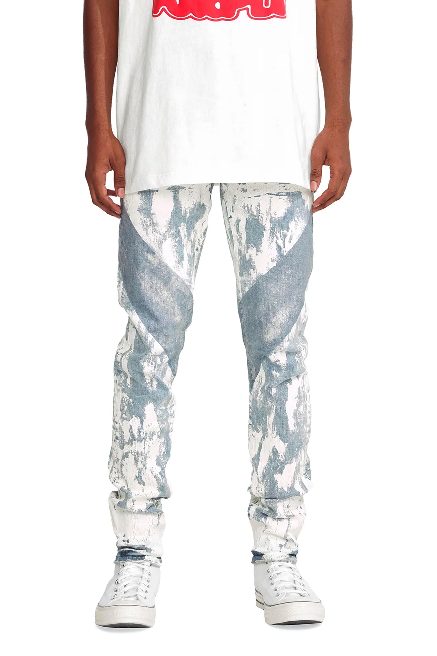 P001 LOW RISE SKINNY JEAN - Light Indigo Crackle Paint With Foil