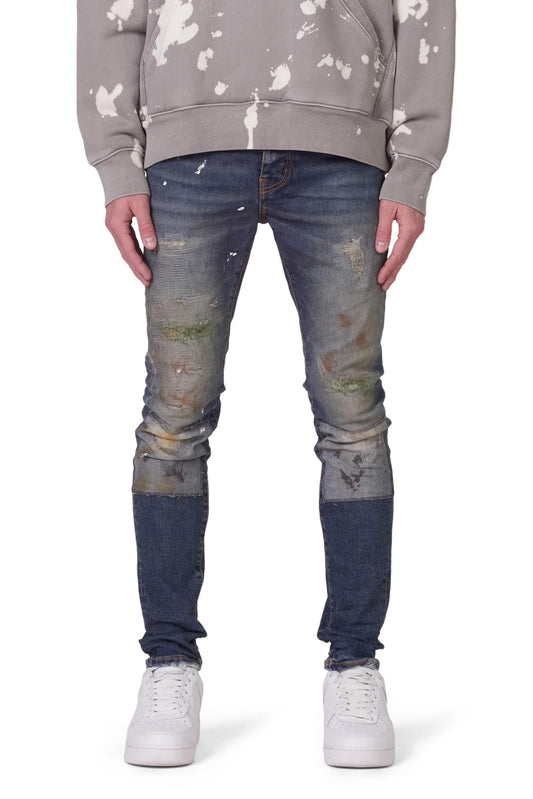 P001 LOW RISE SKINNY JEAN - Patched Dirty Vintage Indigo