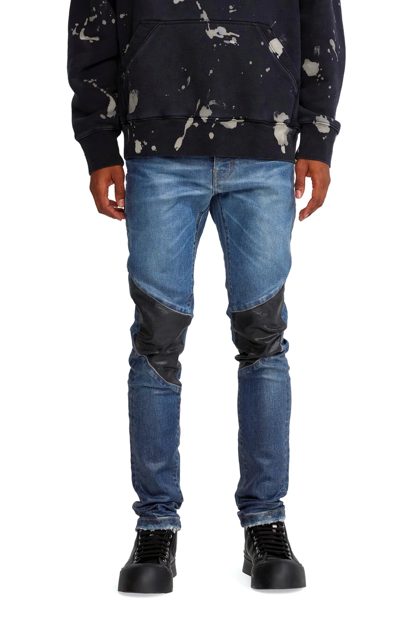 P001 LOW RISE SKINNY JEAN - Patched Indigo Moto Zip