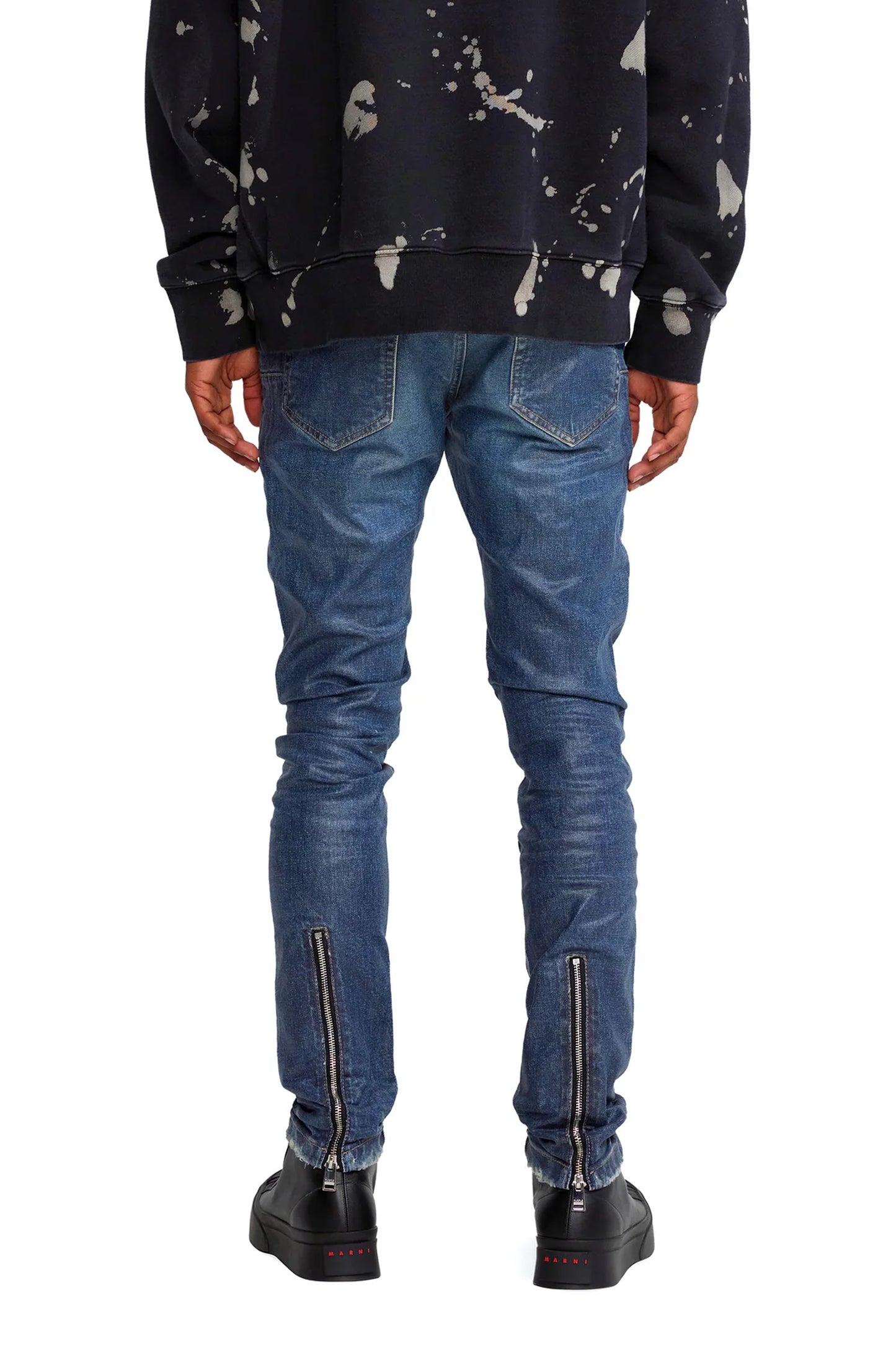 P001 LOW RISE SKINNY JEAN - Patched Indigo Moto Zip