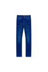 Low rise skinny denim pants in flocked blue velour, available in sizes 28-40.