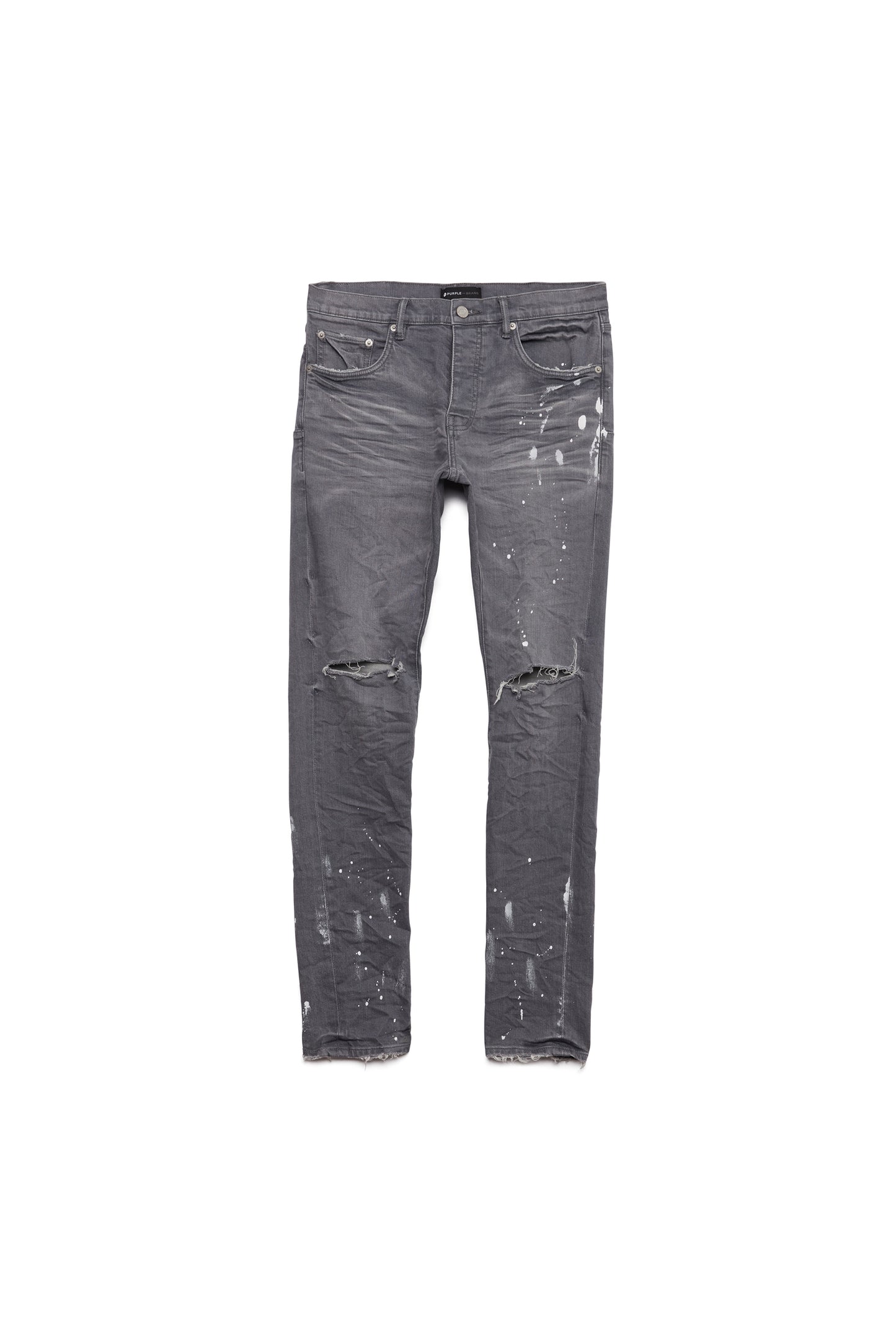 P001 low rise skinny jeans in worn grey with knee slit detailing and five pocket styling.