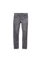 P001 low rise skinny jeans in worn grey with knee slit detailing and five pocket styling.
