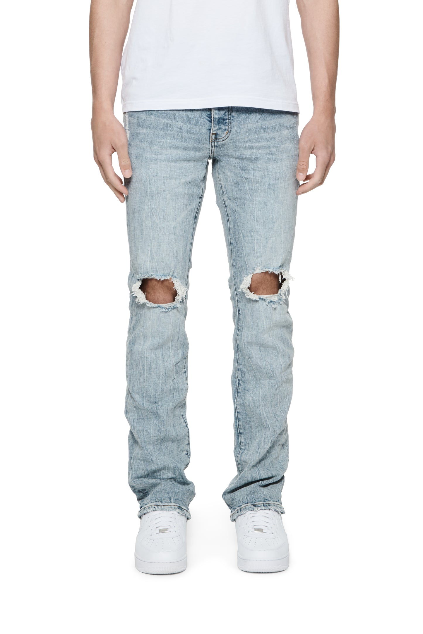 P004 Light Indigo Knee Blowout Flare Jeans