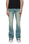 P004 Pintuck Flare Overdye light indigo denim with low rise and pintucked center seams