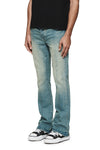 P004 Pintuck Flare Overdye low rise flare denim in light indigo wash with pintucked seams.