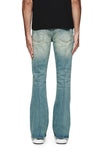 P004 Pintuck Flare Overdye light indigo wash denim with pintucked center seams and reinforced details