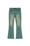 P004 Pintuck Flare Overdye denim in light indigo wash with pintucked seams and reinforced details