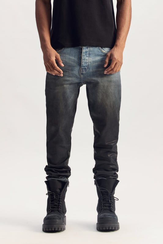P005 Coated Gradient black gradient spray coated denim, mid rise, slim straight fit