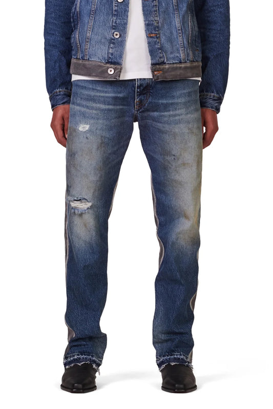 P011 MID RISE STRAIGHT LEG JEAN - Washed Indigo & Black Framis Fray