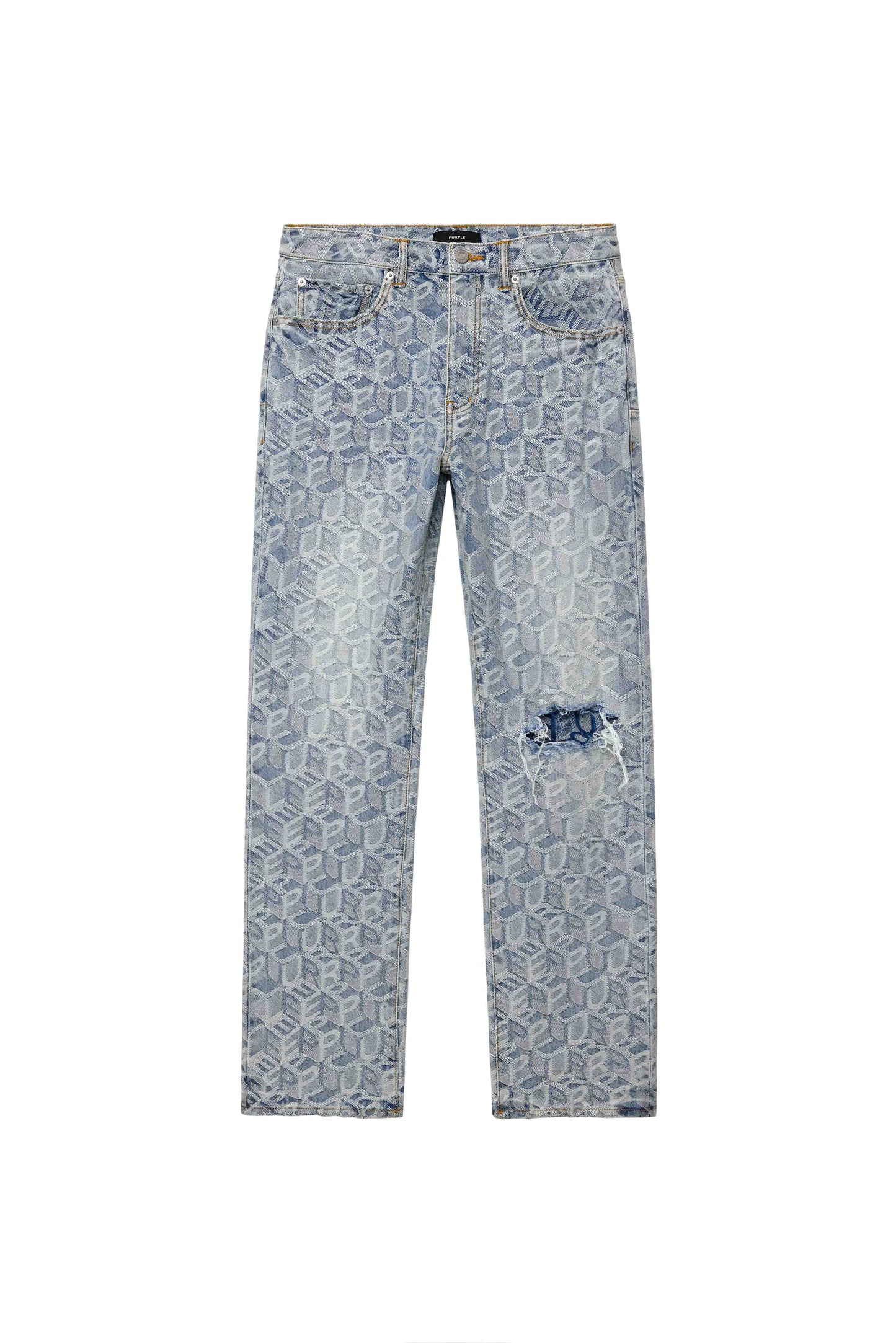 The PURPLE BRAND P011 Jacquard Monogram features light blue straight leg jeans with a jacquard monogram geometric pattern, five-pocket design, and a distressed rip on the right knee, shown against a white background.