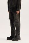 P011 Western denim jacket with rip and repair detailing, black color, mid-rise style.