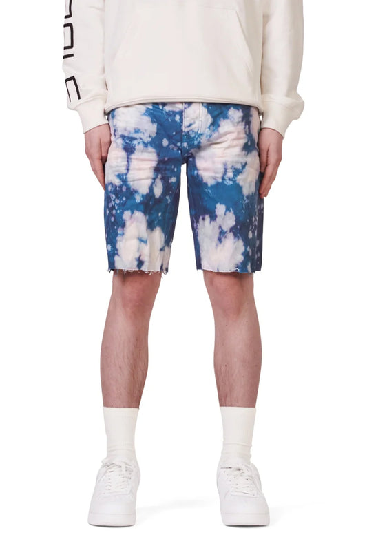 P020 MID RISE SHORT - Blue Dyed Layered Bleach