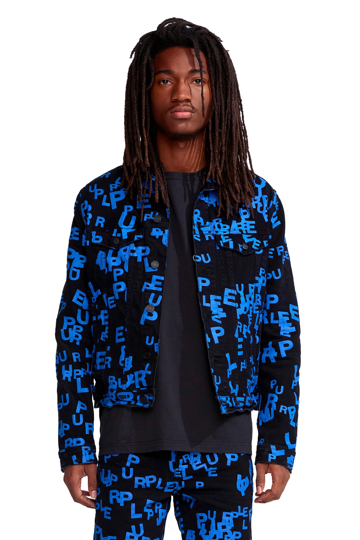 P024 TRUCKER JACKET - Black Blue Letters Screen Print