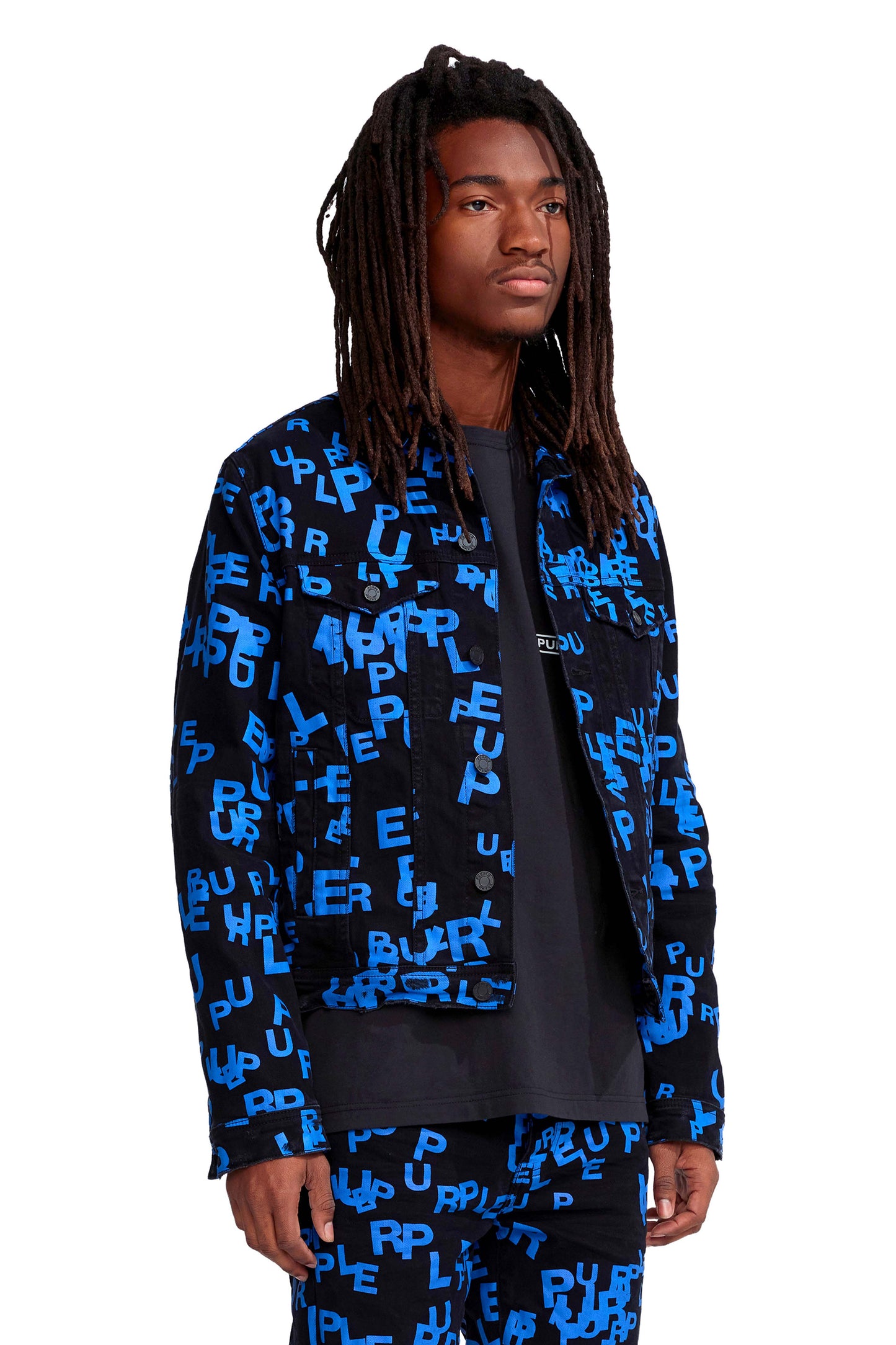 P024 TRUCKER JACKET - Black Blue Letters Screen Print