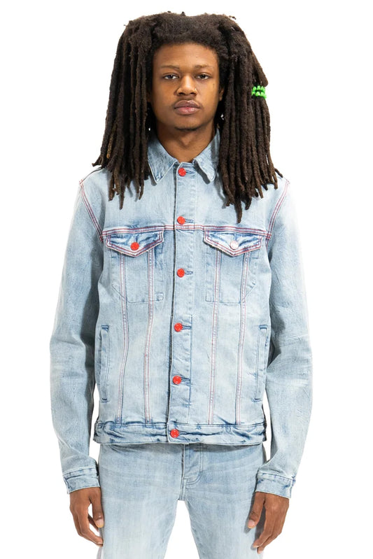 P024 TRUCKER JACKET - White Indigo Red Pop