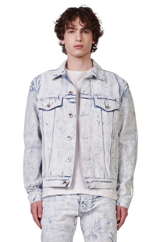 P028 Denim Trucker Jacket - Cracked White Over Light Indigo