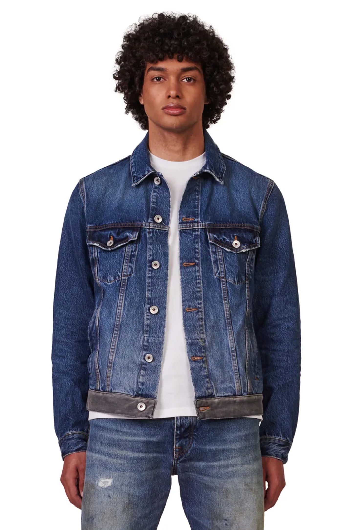 P028 Denim Trucker Jacket - Washed Indigo & Black Framis Fray