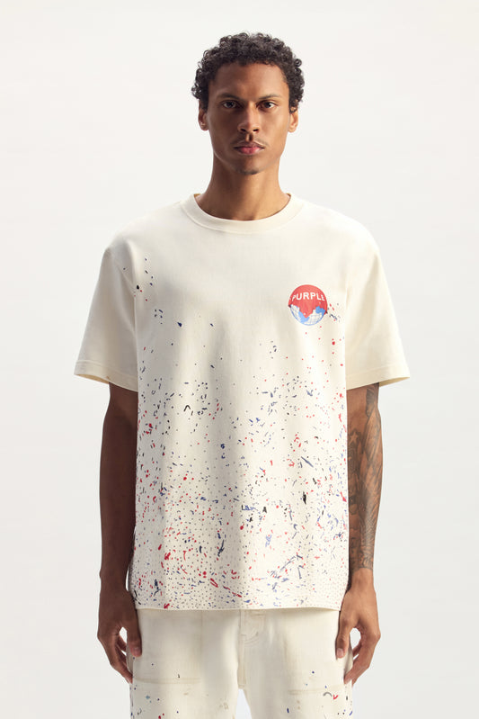 Globe Splatter Tee in heavyweight jersey with digital print, hotfix crystals, and embroidery.