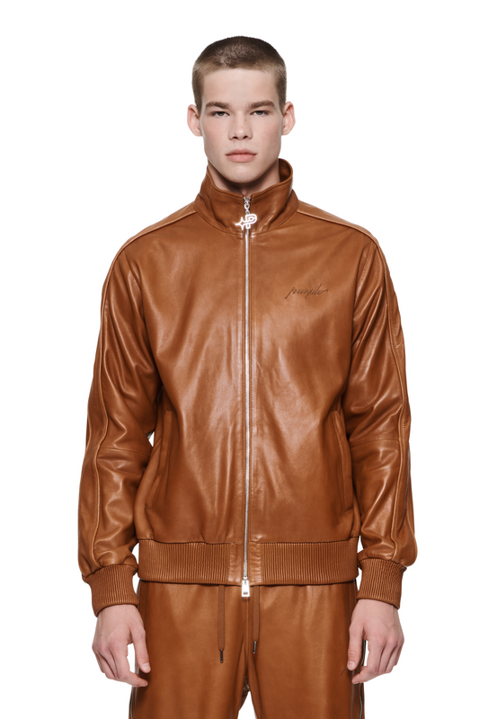 LEATHER TRACK JACKET - Brown