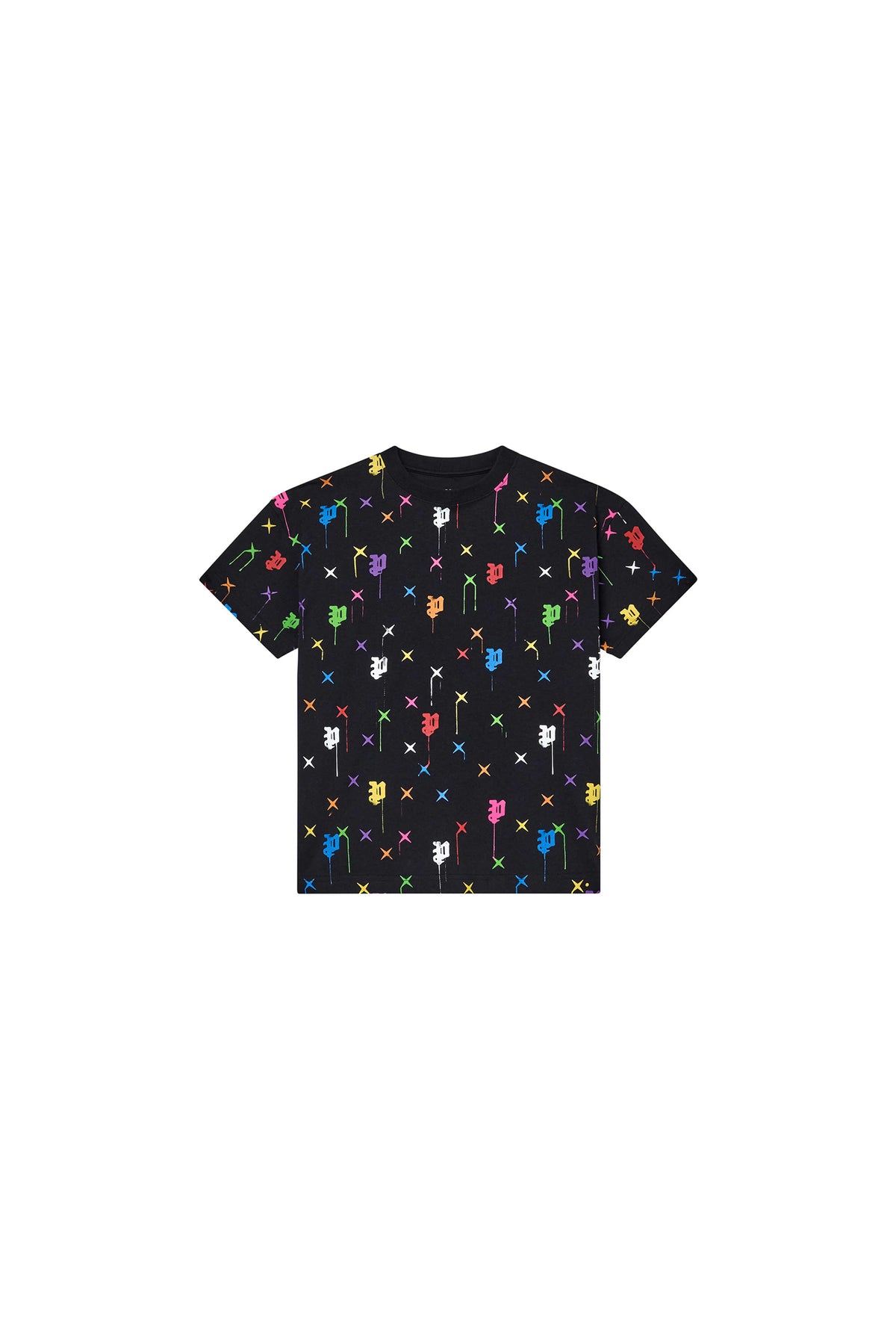 Kids' Painted Monogram Tee in black with all-over print, available in sizes 4-5 to 12.