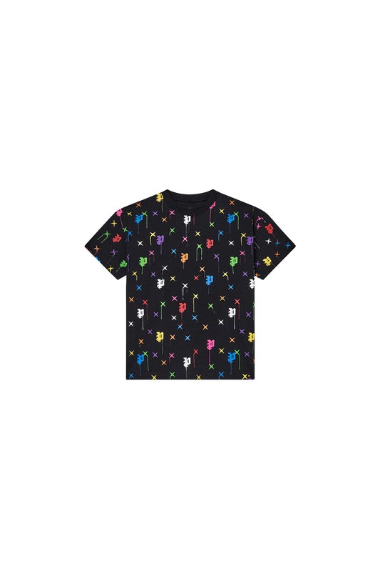 Kids' Painted Monogram Tee in black with all-over print, available in sizes 4-5 to 12.