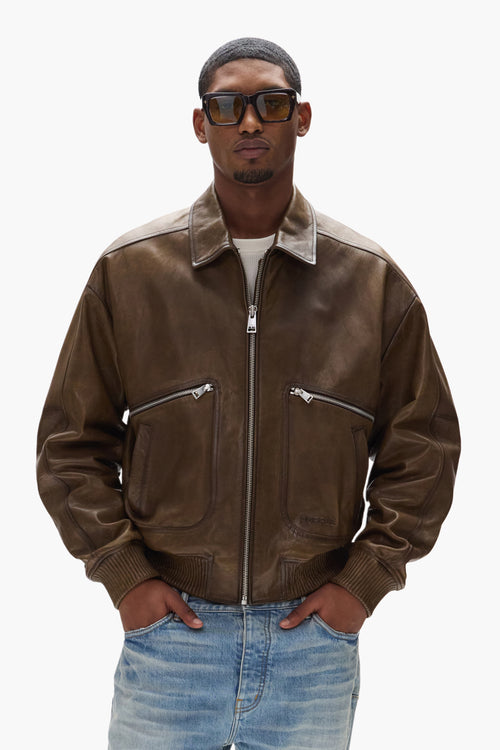 Distressed Leather Bomber Jacket