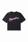 Black Paradise Tee in relaxed fit with screen print and embroidery details.