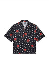 Flower Fade Silk Shirt in Black with digital print and hotfix detailing, relaxed fit.