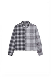 Gothic Wordmark Plaid Shirt in gray, cotton, relaxed fit with half & half plaid combination.