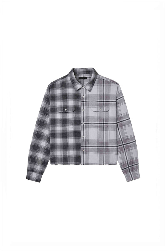Gothic Wordmark Plaid Shirt in gray, cotton, relaxed fit with half & half plaid combination.
