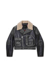 Foil Wordmark Leather Moto Jacket in black, made from 100% cow skin, relaxed fit design.