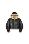 Foil Wordmark Shearling Jacket in brown, 100% sheepskin, relaxed fit with detachable hood.