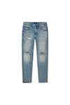 Destroy Embellished Denim in Mid Indigo with rip and repair details and low-rise stretch skinny fit.