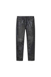 P005 Patent Vintage mid rise slim straight jeans in washed black with coated fabric and branded patch.