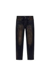 Flocked denim pants in washed black, mid-rise slim straight fit, available in various sizes.