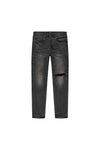 Resin Distressed Denim in Washed Black with left knee slit and slim straight fit