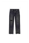 P011 Western Black Denim, Mid Rise, Straight Fit, with Rip & Repair and Shark Bite Hem