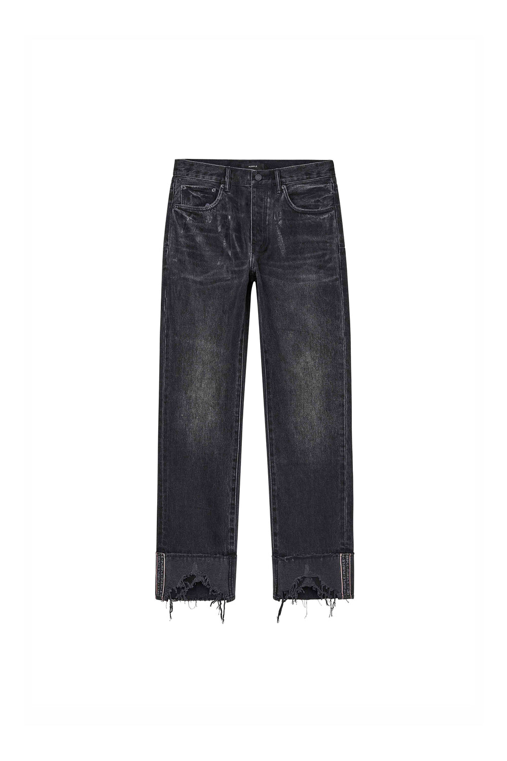 Reflective Selvedge denim in black with branded tape and double sharkbite hem details.