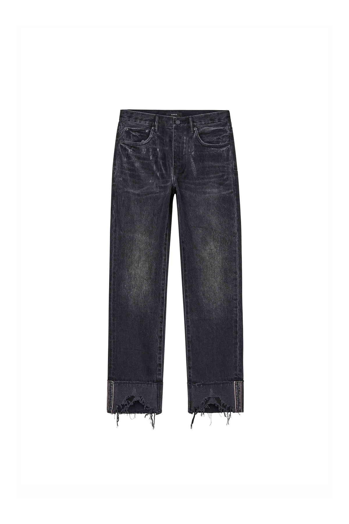 Reflective Selvedge denim in black with branded tape and double sharkbite hem details.