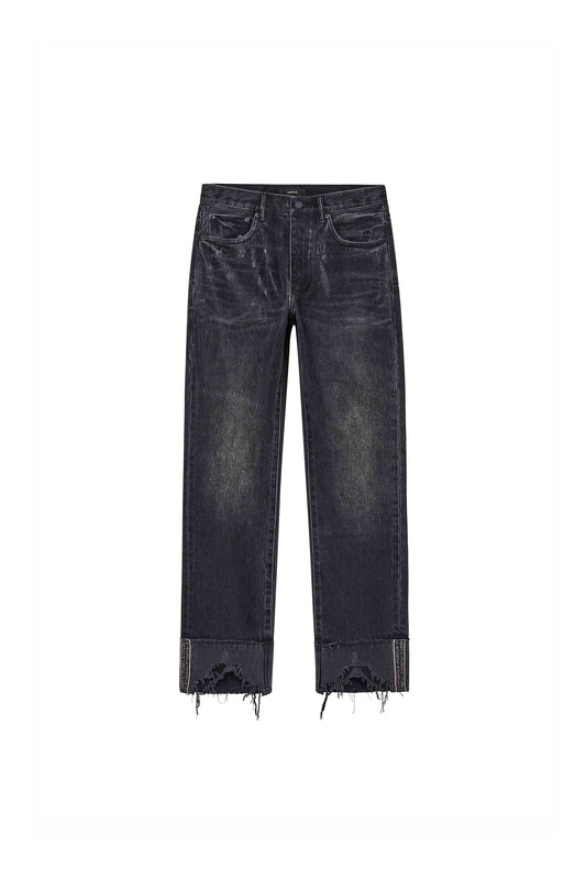 Reflective Selvedge denim in black with branded tape and double sharkbite hem details.
