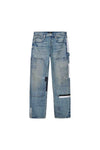 P015 Stamped Foil denim in light indigo with foil embellishments and relaxed mid-rise fit.