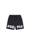 Gothic Wordmark Stitch Shorts in black, featuring a relaxed fit and side pockets.