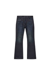Black coated denim with low rise, slim fit, and flared leg style in various sizes.