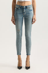 Mid Rise Skinny Denim with Paint Splatters, Ankle Length, available in sizes 24-34.