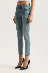 Mid Rise Skinny Denim with Paint Splatters, Ankle Length, available in sizes 24-34.