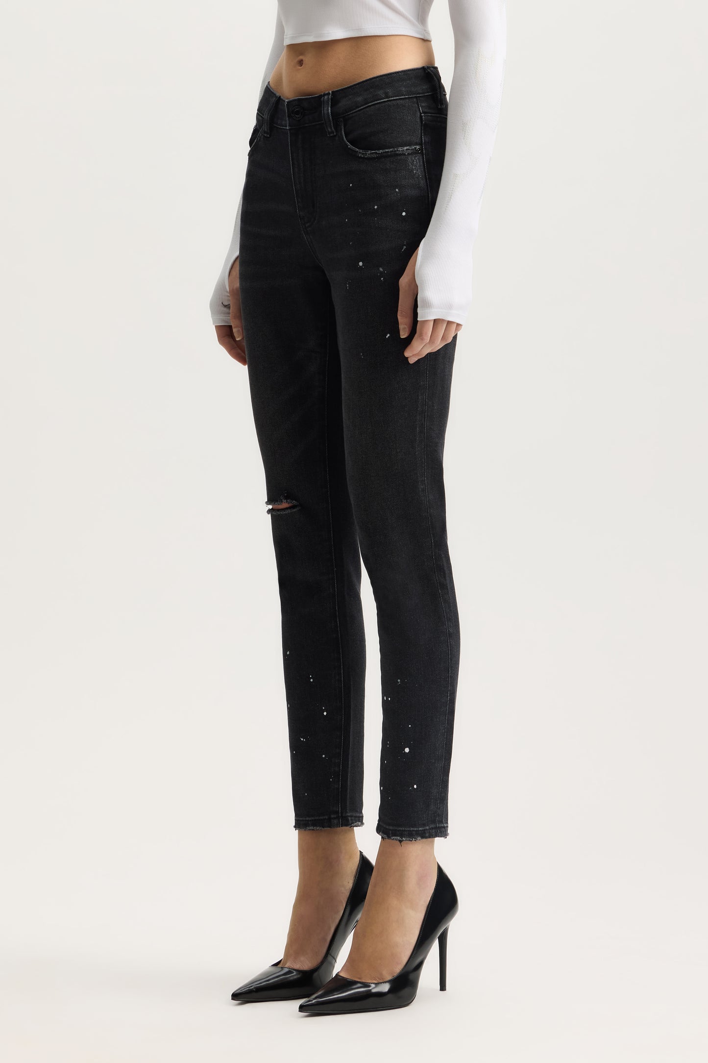 Mid Rise Skinny Denim with Paint Splatters, Ankle Length, available in sizes 24-34.