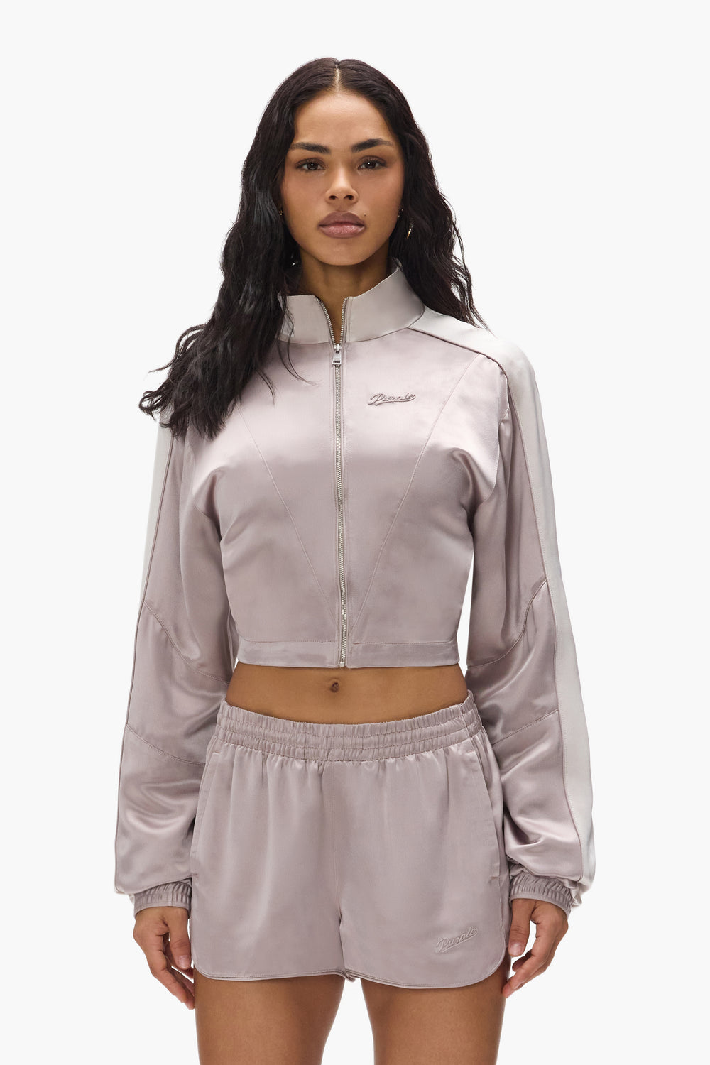 Satin Track Jacket in relaxed fit with side seam pockets, made from poly acetate satin.